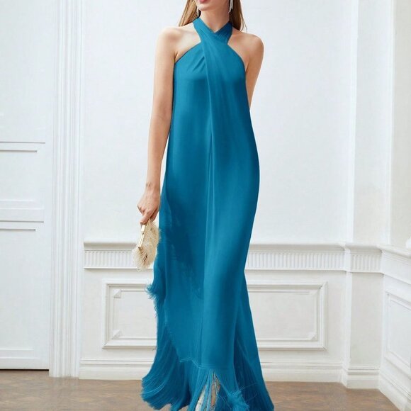 TEAL BLUE PREPPY WOMENS FRINGE HEM CROSS HALTER DRESS - Picture 2 of 5
